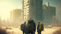 Three survivors approach a possible post-apocalyptic community site. Three dilapidated buildings stand in the distance behind a faint line of poles that have animal skins and totems on them.