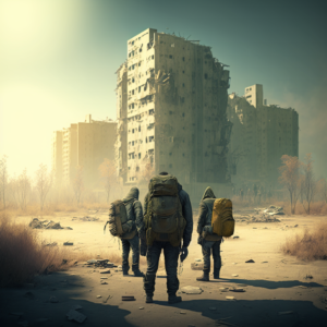 Three survivors approach a possible post-apocalyptic community site. Three dilapidated buildings stand in the distance behind a faint line of poles that have animal skins and totems on them.
