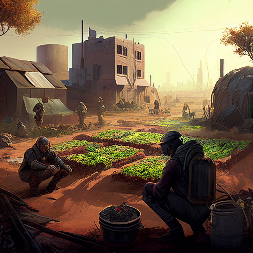 Post-apocalyptic community members working on various jobs around the community garden.